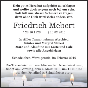 Traueranzeige von Friedrich Mebert von Super Sonntag Aschersleben