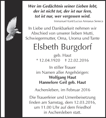 Traueranzeige von Elsbeth Burgdorf von Super Sonntag Aschersleben