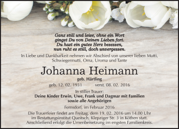 Traueranzeige von Johanna Heimann von Mitteldeutsche Zeitung Köthen