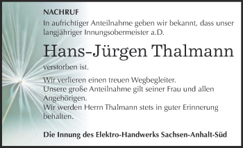 Traueranzeige von Hans-Jürgen Thalmann von Super Sonntag Zeitz
