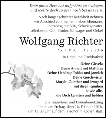 Traueranzeige von Wolfgang Richter von WVG - Wochenspiegel Dessau / Köthen