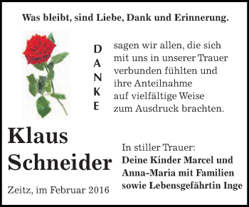 Traueranzeige von Klaus Schneider von Super Sonntag Zeitz