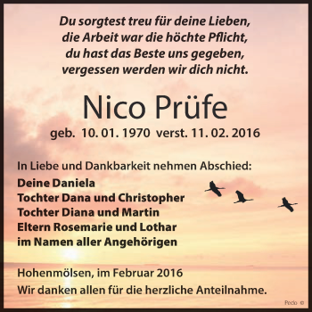 Traueranzeige von Nico Prüfe von WVG - Wochenspiegel NMB / WSF / ZTZ