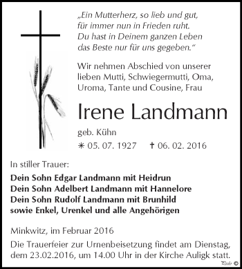 Traueranzeige von Irene Landmann von Super Sonntag Zeitz