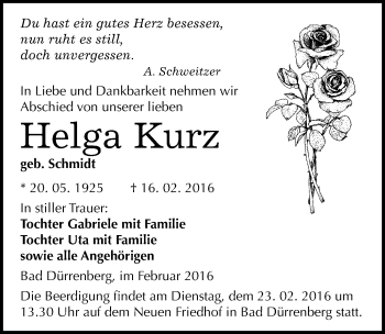 Traueranzeige von Helga Kurz von Mitteldeutsche Zeitung Merseburg/Querfurt
