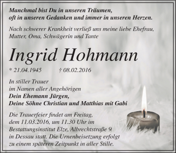 Traueranzeige von Ingrid Hohmann von Mitteldeutsche Zeitung Dessau-Roßlau