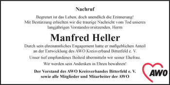 Traueranzeige von Manfred Heller von Mitteldeutsche Zeitung Bitterfeld