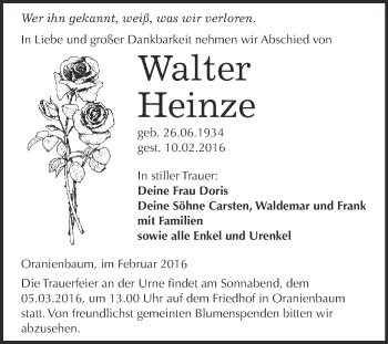 Traueranzeige von Walter Heinze von WVG - Wochenspiegel Wittenberg