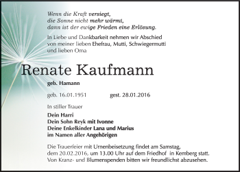 Traueranzeige von Renate Kaufmann von Mitteldeutsche Zeitung Wittenberg
