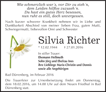 Traueranzeige von Silvia Richter von Mitteldeutsche Zeitung Merseburg/Querfurt