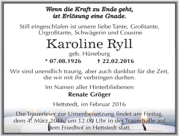Traueranzeige von Karoline Ryll von Mitteldeutsche Zeitung Mansfelder Land