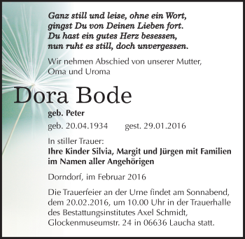 Traueranzeige von Dora Bode von Mitteldeutsche Zeitung Naumburg/Nebra