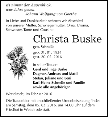 Traueranzeige von Christa Buske von Mitteldeutsche Zeitung Sangerhausen