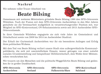 Traueranzeige von Beate Bilsing von Super Sonntag Aschersleben