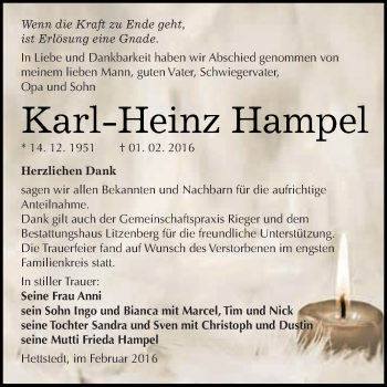 Traueranzeige von Karl-Heinz Hampel von Wochenspiegel Mansfelder Land