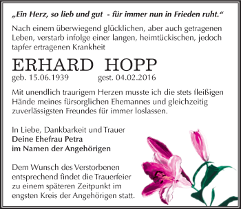 Traueranzeige von Erhard Hopp von Mitteldeutsche Zeitung Dessau-Roßlau