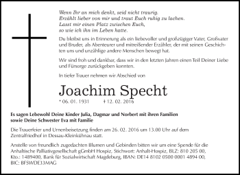 Traueranzeige von Joachim Specht von WVG - Wochenspiegel Dessau / Köthen