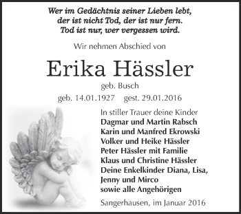 Traueranzeige von Erika Hässler von Super Sonntag SGH Mansf. Land