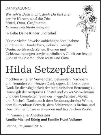 Traueranzeige von Hilda Setzepfand von WVG - Wochenspiegel Bitterfeld