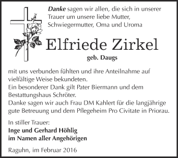 Traueranzeige von Elfriede Zirkel von WVG - Wochenspiegel Bitterfeld