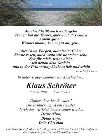 Traueranzeige von Klaus Schröter von WVG - Wochenspiegel Dessau / Köthen