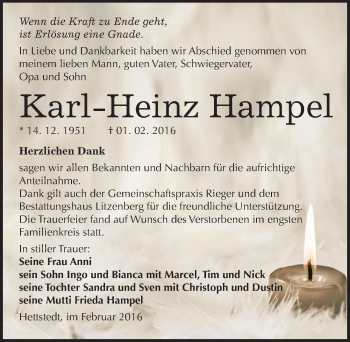 Traueranzeige von Karl-Heinz Hampel von Mitteldeutsche Zeitung Mansfelder Land