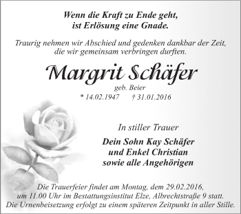 Traueranzeige von Margrit Schäfer von WVG - Wochenspiegel Dessau / Köthen