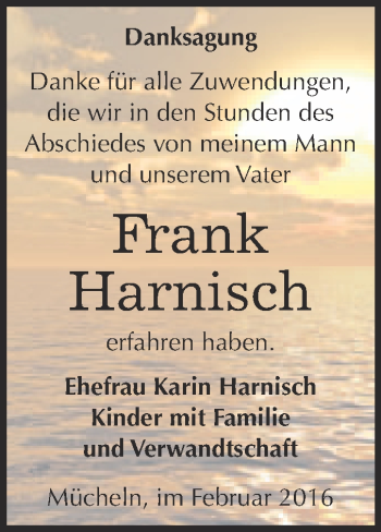 Traueranzeige von Frank Harnisch von WVG - Wochenspiegel Merseburg