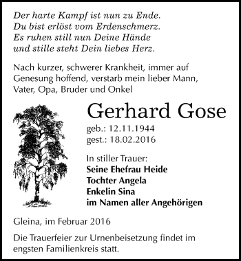 Traueranzeige von Gerhard Gose von Mitteldeutsche Zeitung Naumburg/Nebra