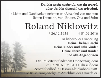 Traueranzeige von Roland Niklowitz von WVG - Wochenspiegel Dessau / Köthen
