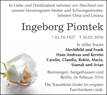 Traueranzeige von Ingeborg Piontek von Super Sonntag SGH Mansf. Land