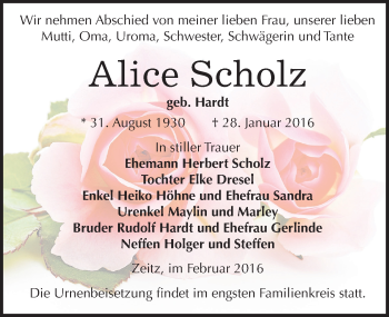 Traueranzeige von Alice Scholz von Mitteldeutsche Zeitung Zeitz