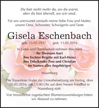 Traueranzeige von Gisela Eschenbach von Mitteldeutsche Zeitung Naumburg/Nebra