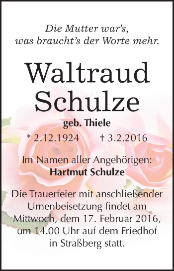 Traueranzeige von Waltraud Schulze von Mitteldeutsche Zeitung Quedlinburg