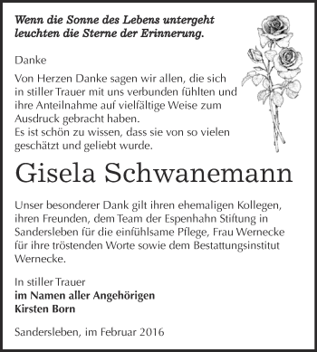 Traueranzeige von Gisela Schwanemann von Super Sonntag SGH Mansf. Land