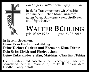 Traueranzeige von Walter Bühling von Mitteldeutsche Zeitung Halle/Saalkreis