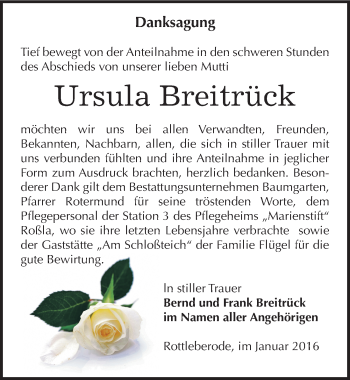 Traueranzeige von Ursula Breitrück von Mitteldeutsche Zeitung Sangerhausen