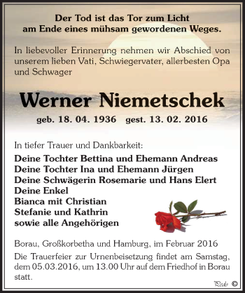 Traueranzeige von Werner Niemetschek von Mitteldeutsche Zeitung Weißenfels