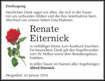 Traueranzeige von Renate Eiternick von Wochenspiegel Mansfelder Land