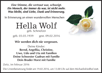 Traueranzeige von Hella Wolf von Mitteldeutsche Zeitung Zeitz