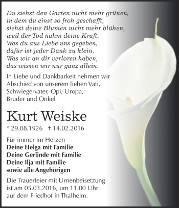 Traueranzeige von Kurt Weiske von WVG - Wochenspiegel Bitterfeld