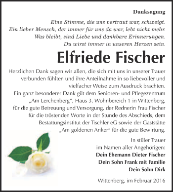 Traueranzeige von Elfriede Fischer von WVG - Wochenspiegel Wittenberg