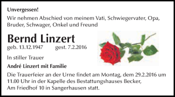 Traueranzeige von Bernd Linzert von Super Sonntag SGH Mansf. Land
