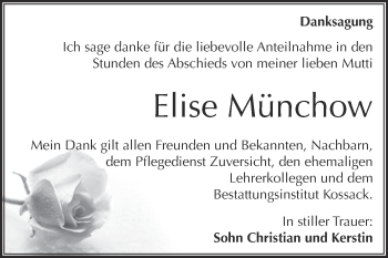 Traueranzeige von Elise Münchow von WVG - Wochenspiegel Dessau / Köthen