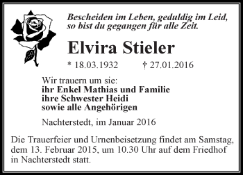 Traueranzeige von Elvira Stieler von Super Sonntag Aschersleben