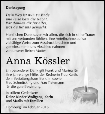 Traueranzeige von Anna Kössler von Mitteldeutsche Zeitung Mansfelder Land