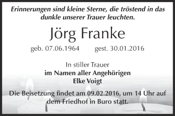 Traueranzeige von Jörg Franke von Super Sonntag Bernburg