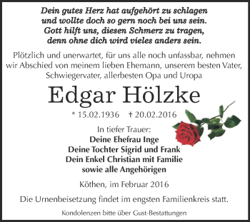 Traueranzeige von Edgar Hölzke von WVG - Wochenspiegel Dessau / Köthen