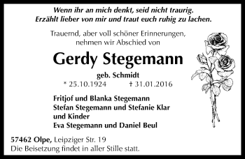 Traueranzeige von Gerdy Stegemann von Mitteldeutsche Zeitung Sangerhausen