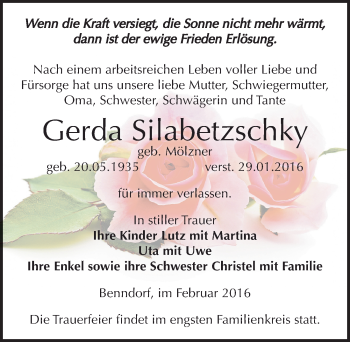 Traueranzeige von Gerda Silabetzschky von Mitteldeutsche Zeitung Mansfelder Land